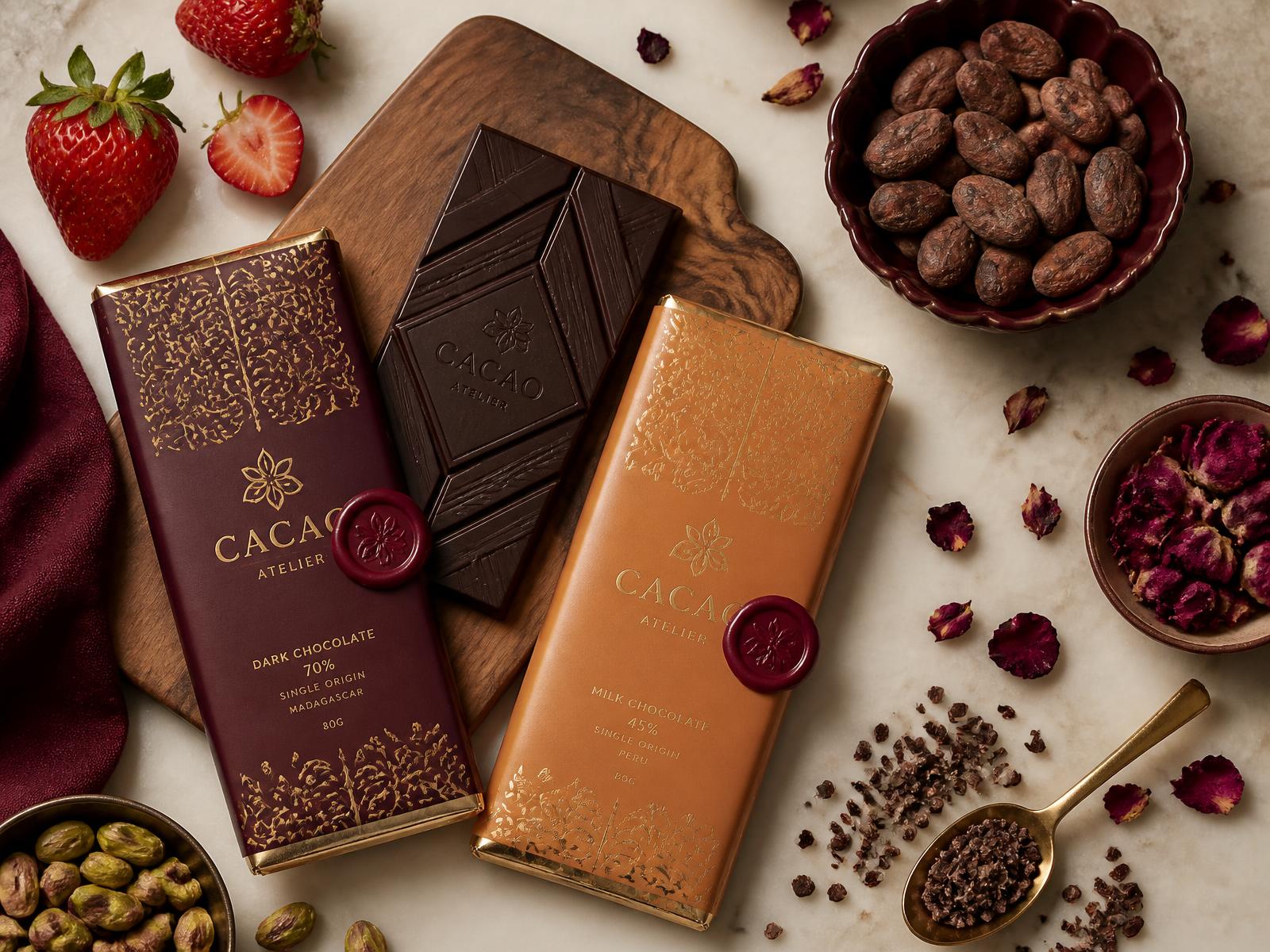 Artisanal single-origin chocolate bars with cacao beans and rose petals